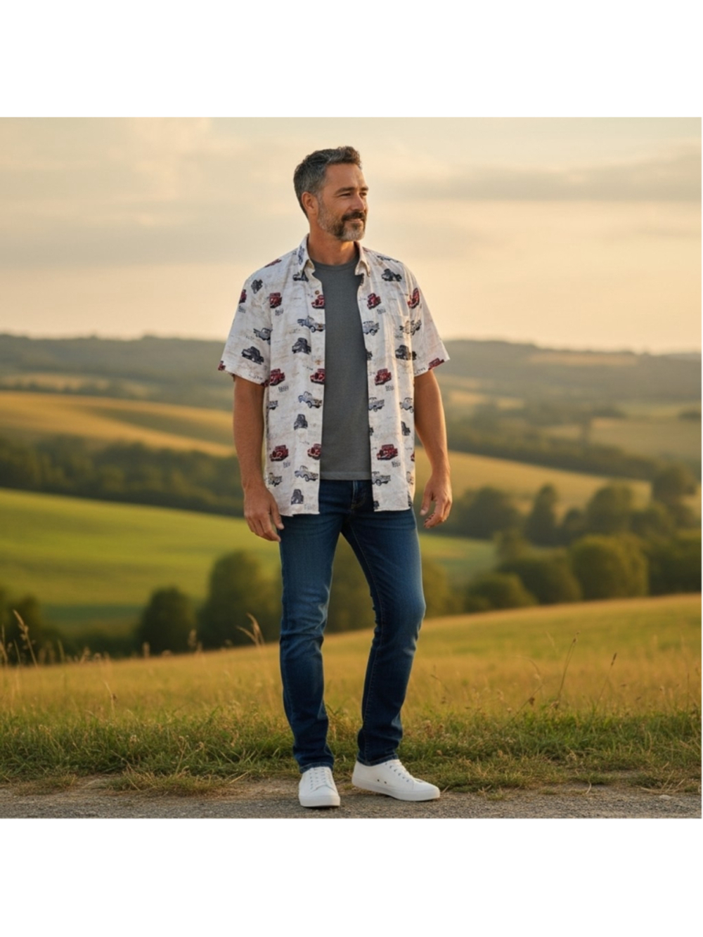 Boca Classics Men's White Vintage Truck Patterned Short Sleeve Shirt